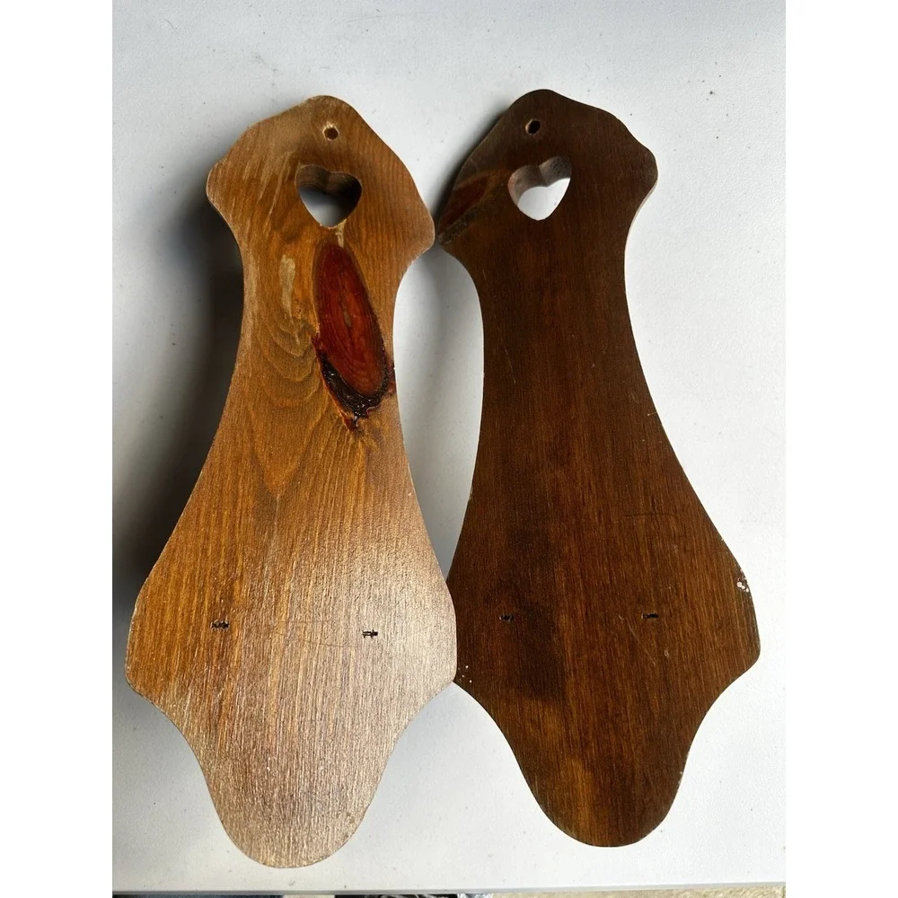 Vintage Wooden Wall Candle Sconces Pair Rustic Farmhouse Heart Cutout Cottage